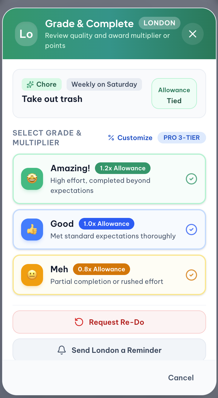 NestGroove chore grading screen showing Amazing, Good, and Meh allowance multipliers