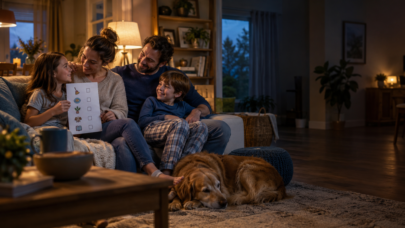 A family relaxing together in their living room
