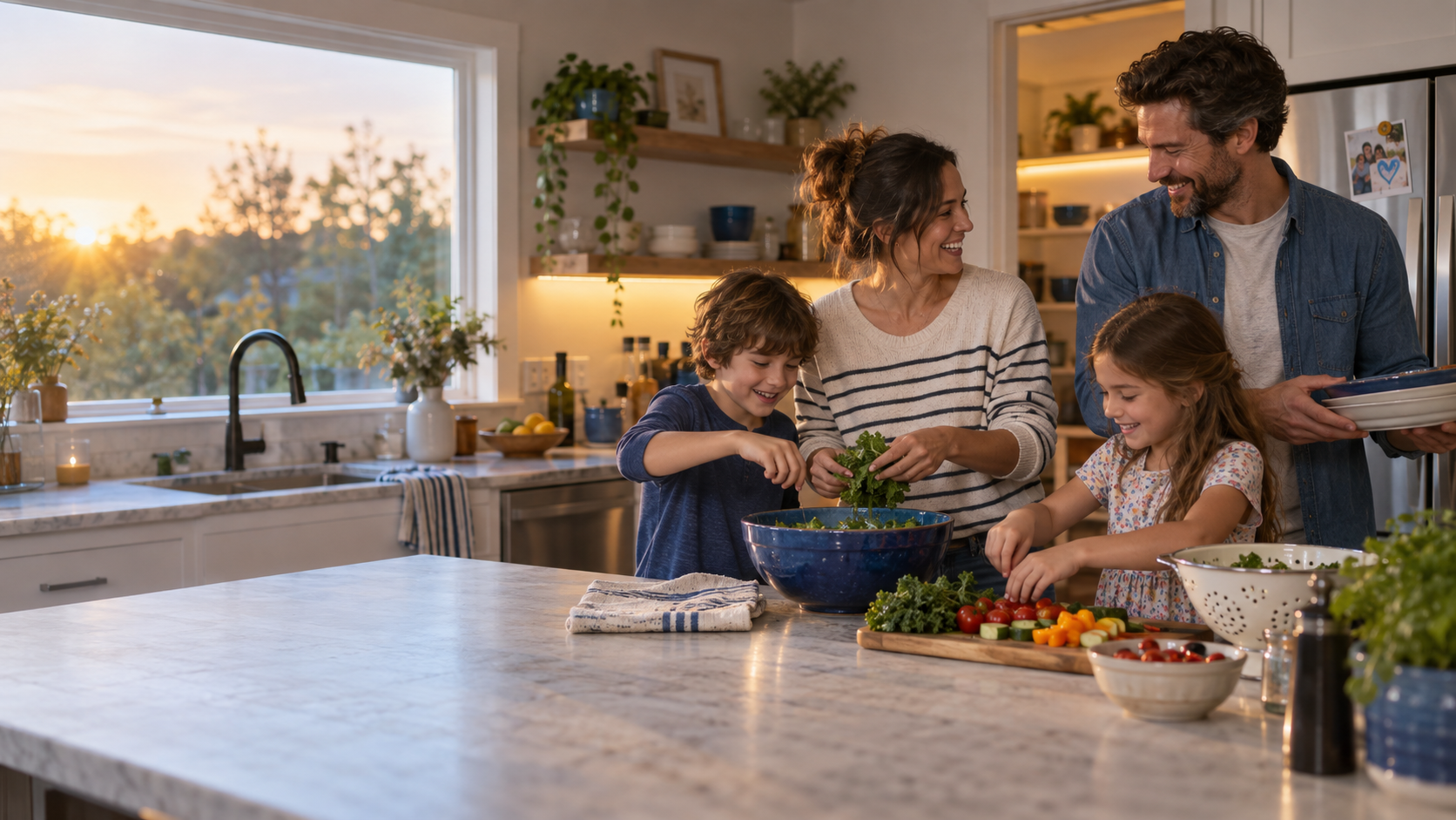 A family laughing together while preparing dinner in their kitchen