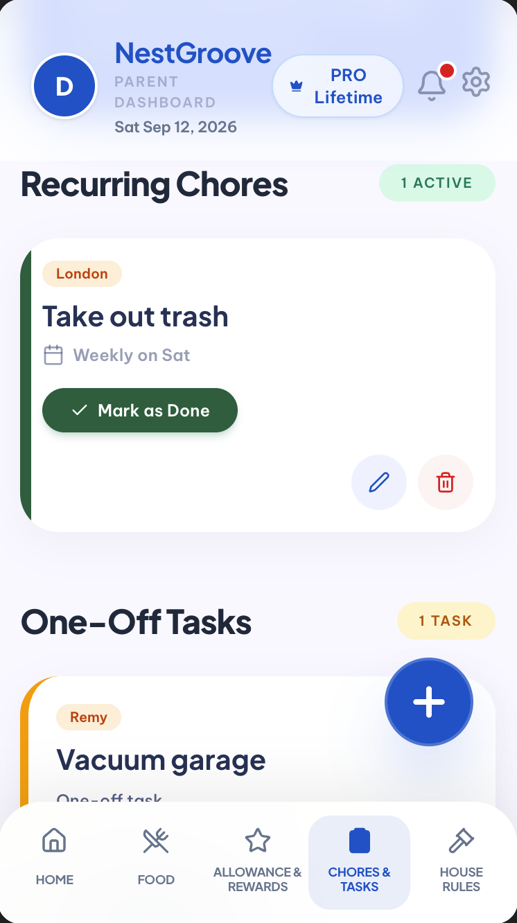 NestGroove Recurring Chores and One-Off Tasks screen displayed on a smartphone